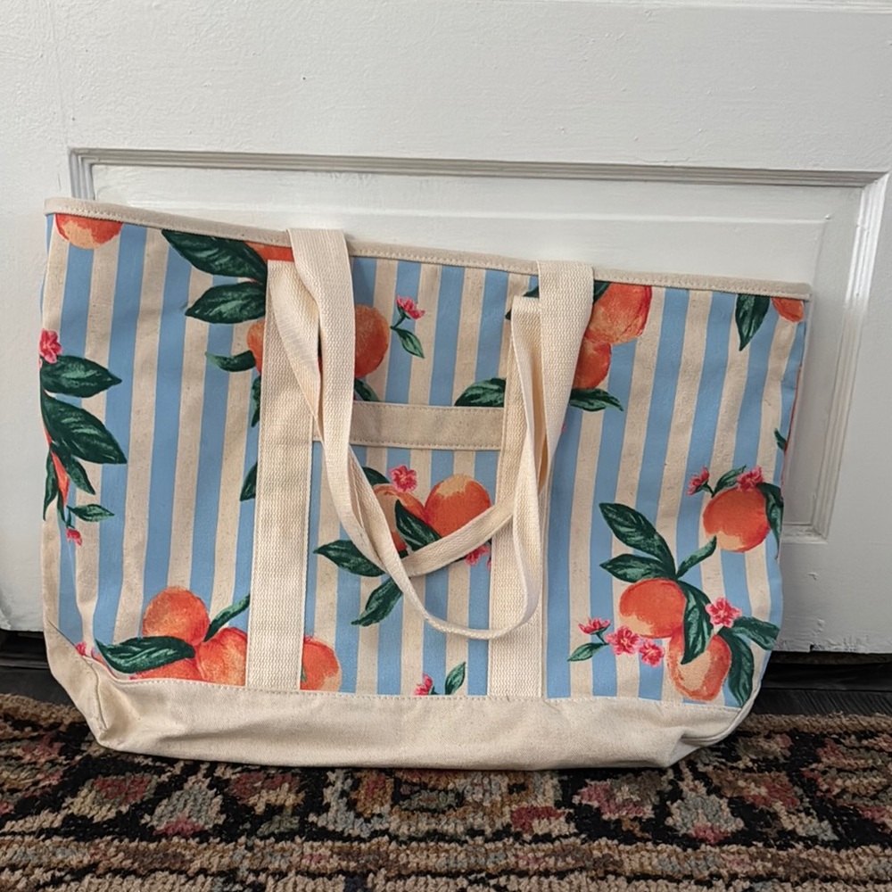 Old Navy Blue Striped Canvas Tote Bag with Oranges and Floral Print with Zipper